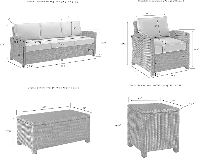 Crosley Furniture Bradenton 5-Piece Outdoor Sofa Patio Furniture Set, Wicker Conversation Sets for Porch, Brown with Gray Cushions