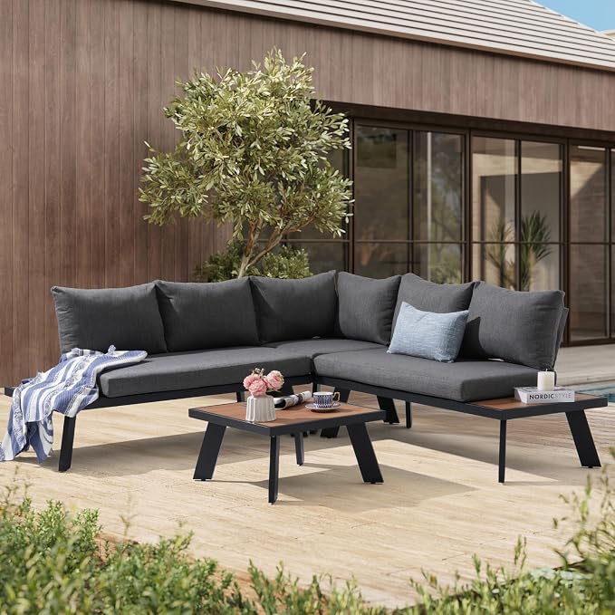 SUNSITT 4-Piece Outdoor Patio Furniture Set L-Shaped Aluminum Sectional Sofa with Faux Wood Grain Top Coffee Table, All-Weather Patio Conversation Set with Cushions, Dark Grey