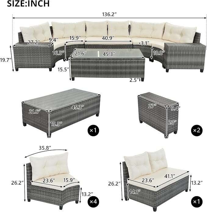 8 Piece Outdoor Wicker Round Sofa Set, Half-Moon Sectional Set with Tempered Glass Top Rectangular Coffee Table, Curved Patio Conversation Seating Set for Porch Backyard, Beige