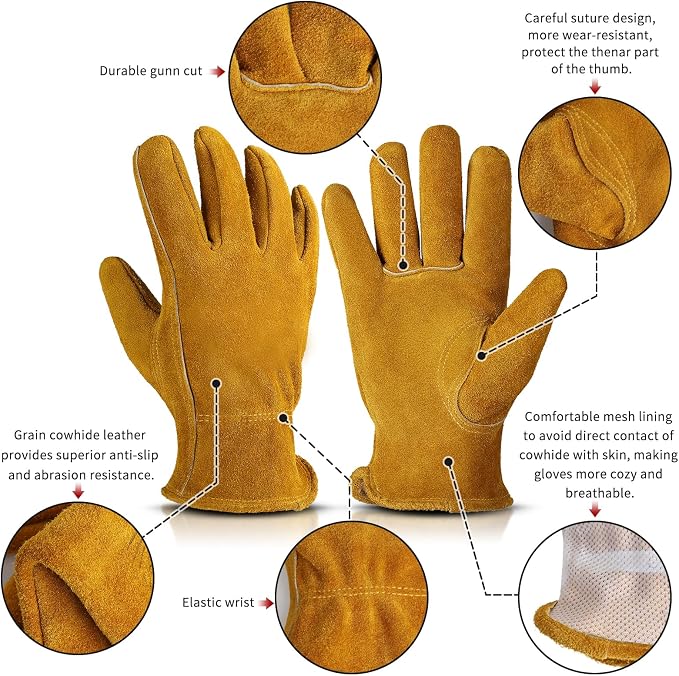Leather Gardening Gloves for Men Women: Thorn Proof Cowhide Work Gloves | Garden Gloves for Yard Work, Reinforced Palm, Puncture Resistant, Breathable, for Rose Pruning, Heavy Duty, Construction