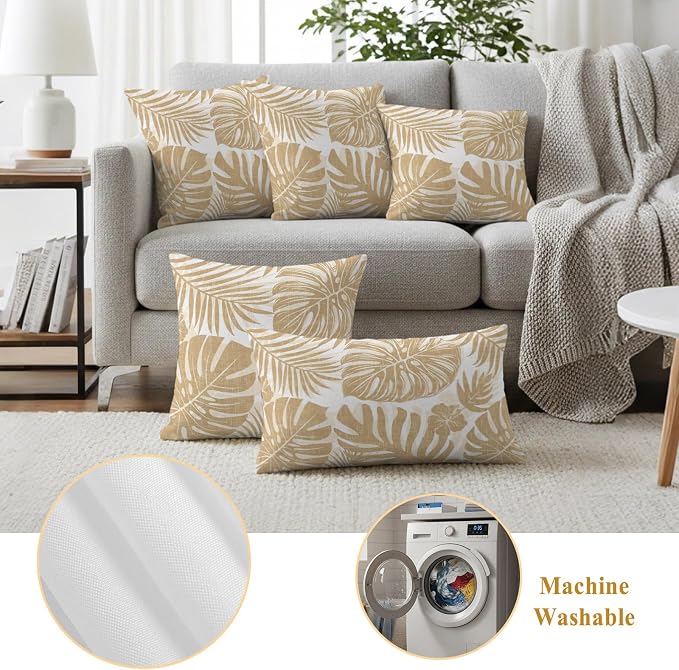 Khaki Palm Leaves Outdoor Pillow Covers 26"x26" Set of 2, Tropical Botanical Minimalist Modern Waterproof Throw Pillow Covers for Patio Furniture, Decorative Cushion Covers for Porch
