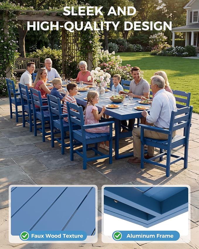 K Knowbody 17-Piece Outdoor Patio Dining Table and Chairs Set, Seats 14 | Steel-Reinforced HDPE, 100 lb/sq ft Load Capacity, 2-Inch Umbrella-Ready Tables, All-Weather, Fade-Resistant, Navy Blue
