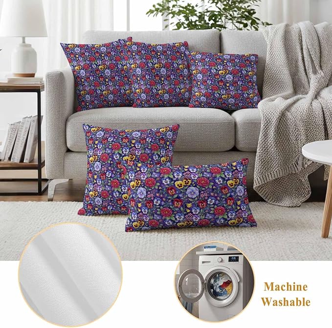 Pansies Roses Outdoor Pillow Covers 24"x24" Set of 2, Garden Flowers Floral Botanical Purple Waterproof Throw Pillow Covers for Patio Furniture, Decorative Cushion Covers for Porch