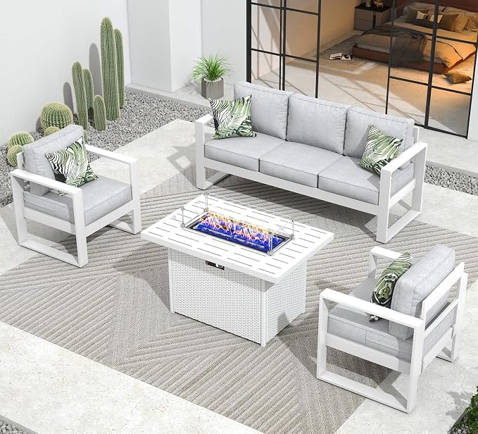 Outdoor Aluminum Furniture Set with Fire Pit Table - 4 Pieces Modern Patio Conversation Sets Metal Sectional Sofa Set