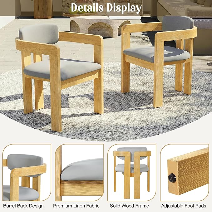 5-Piece Outdoor Acacia Wood Round Dining Set, All-Weather Round Dining Table and 4 Barrel Chairs & Removable Cushions, 5-Piece Patio Furniture for Backyard Deck Poolside (Gray Cush)