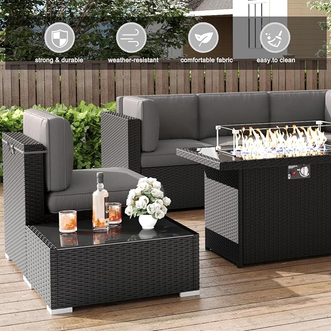 LayinSun 8 Pieces Patio Furniture Set with Fire Pit Table, Black Rattan Modular Sectional Patio Conversation Sofa Set