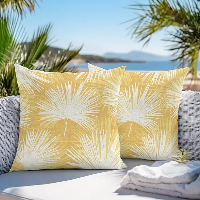Throw Pillow Covers 18x18 Inch Set of 2, Yellow Palm Leaves Coastal Waterproof Outdoor Pillow Covers, Summer Tropical Botanical Boho Decorative Cushion Pillowcases for Couch, Sofa, Bed, Garden, Patio