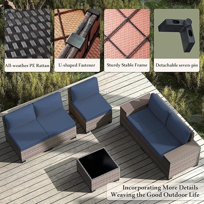 9 PCS Outdoor Patio Furniture Set,Outdoor Sectional Furniture All Weather PE Rattan Wicker Patio Conversation Set,Swivel Rocking Chairs Set,Navy Blue