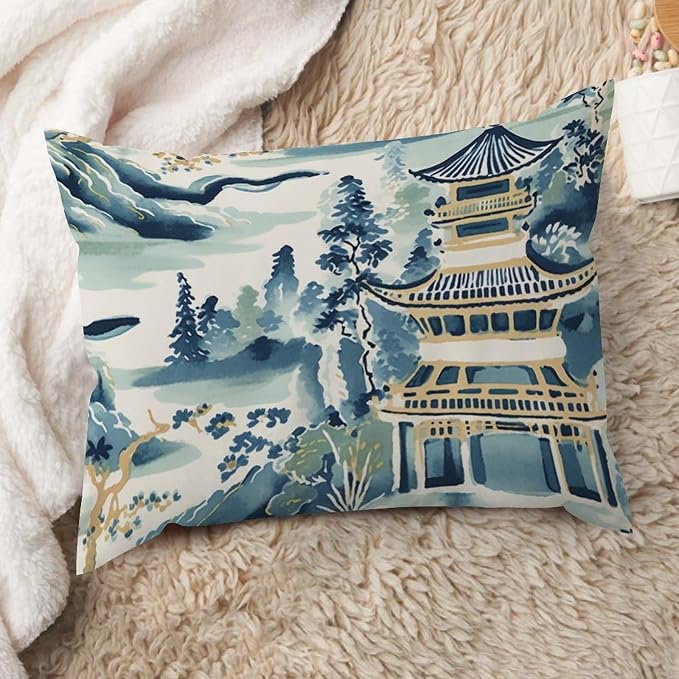 Lumbar Support Pillow Case Blue and White Chinoiserie Pagoda Asian Pillow Case Abstract Ming Rain Chinoiserie Pillow Cover Accent Decorative Cushion Cases Home Decor for Home Sofa 20x26in