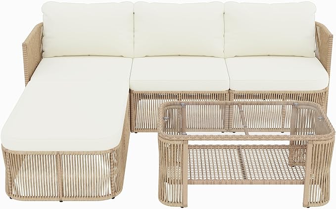 5-Piece PE Rattan Outdoor Furniture Set with Beige Cushions - Iron Frame - 66" Table & 4 Seats - 400 lbs Capacity - Patio