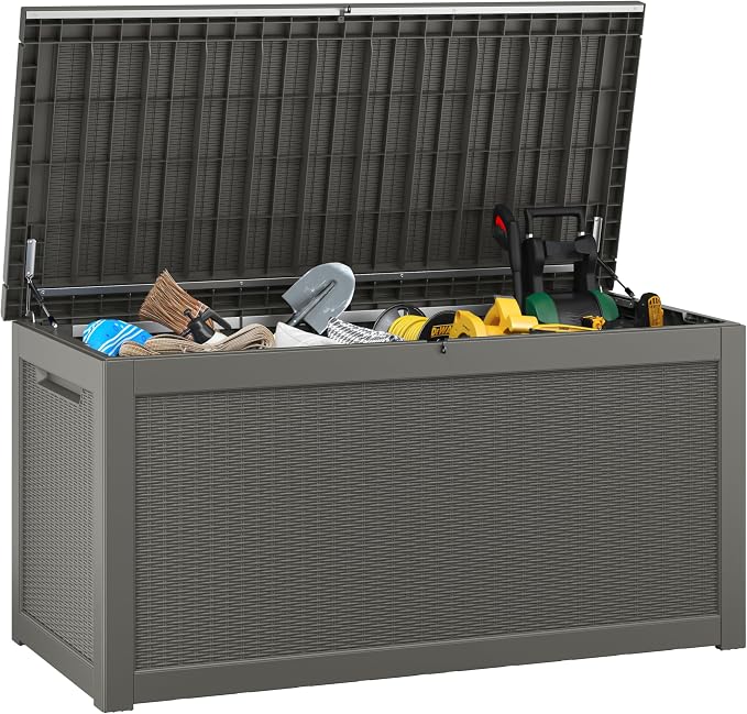 KAMABOKO 280 Gallon Outdoor Storage Box, Resin Deck Boxes Indoor and outdoor, Waterproof Storage Box Lockable Lid for Garden Tools, Package Delivery, Patio Cushions, Grey