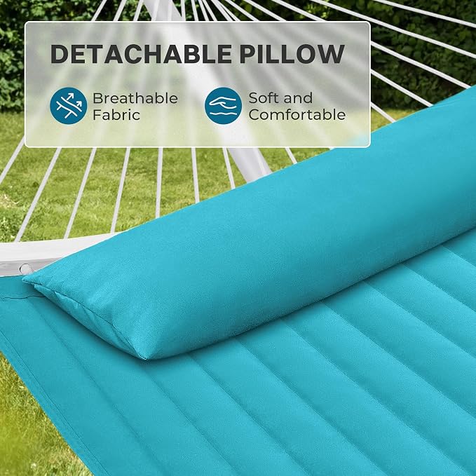 SUPERJARE Hammock with Stand, 2 Person Heavy Duty Hammock with Padded Cotton, Detachable Pillow & Strong Curved-Bar & Portable Carrying Bag, Perfect for Outdoor & Indoor, Sky Blue