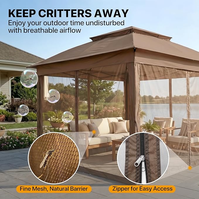 COOS BAY 11x11 Pop Up Gazebo with Mesh Netting, Instant Outdoor Canopy Tent, Water Resistant Shelter with UPF 50+ UV Protection, 121 Sq Ft Coverage, Brown
