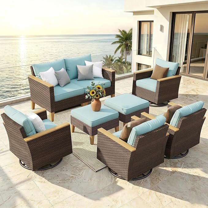 PHI VILLA Wicker Patio Furniture Set with Swivel Chairs, 8 Pieces Outdoor Conversations Set, Oversized Rattan Patio Sectional Set with 4 Swivel Chairs, 2 Corner Sofas, 2 Ottomans, Aqua Blue