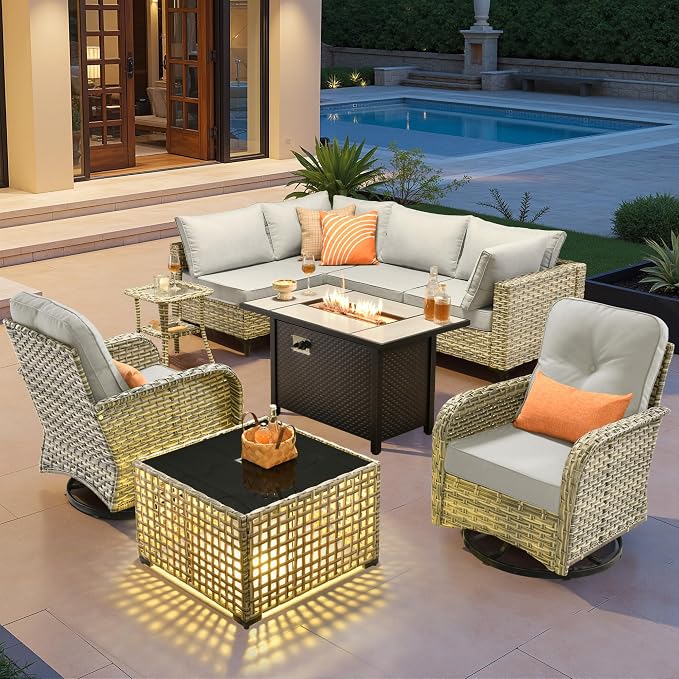 Outdoor Sectional Patio Furniture Set with Fire Pit Table,9 Pieces Rattan Wicker Conversation Sets L Shaped Couch,Outside Furniture with Swivel Chairs Glowing Coffee Table,Light Grey