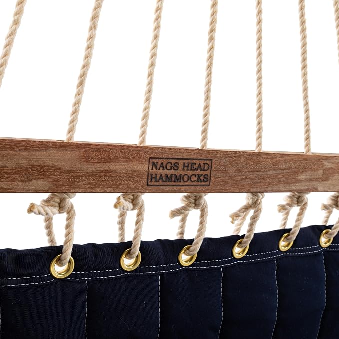 Nags Head Hammocks Navy Quilted Hammock, Constructed of Durable Fabrics, Cumaru Spreader Bar, Rolled Rim Grommets, Galvanized Hardware, Handcrafted in The Carolinas