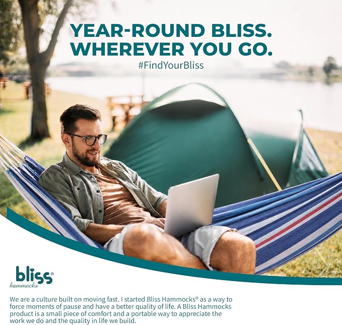 Bliss Hammocks 40" W Single Outdoor Hammock with Hand-Woven Rope Loops & Tree Straps, Patio, Durable, Cotton/Polyester, 220 Lbs Capacity, Patriot Stripe