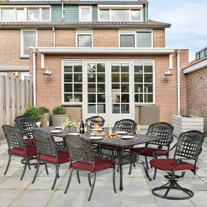 9-Piece Patio Cast Aluminum Dining Set, Outdoor Table and Chairs Set for 8, Includes 94.5" Rectangular Dining Table, 6 Stationary, 2 Swivel Dining Chairs with Umbrella Hole, Red