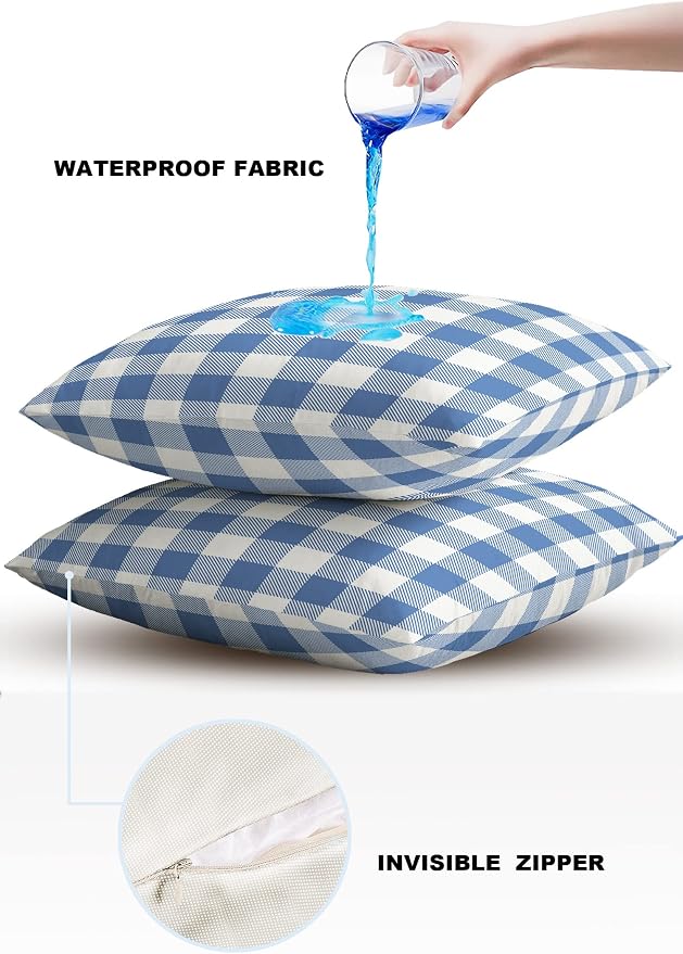 Outdoor Waterproof Throw Pillow Covers Set of 2 Buffalo Plaid Blue Check Pillowcases 20x20 Inches Farmhouse Style Patio Decorative Pillows Cushion Case Patio Pillows for Couch Bed Chair Garden