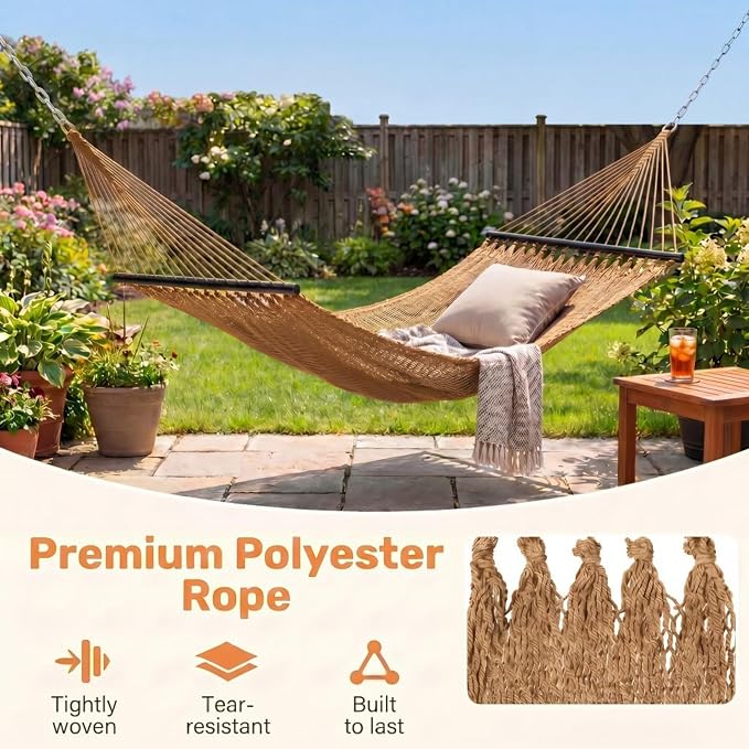 Happygrill 10.5FT Caribbean Double Hammock, Outdoor Portable Hammock with Spreader Bar, Soft-Spun Polyester Rope, 2 Person Hammocks for Outside, Camping & Patio, Max 600 lbs Capacity (Coffee)