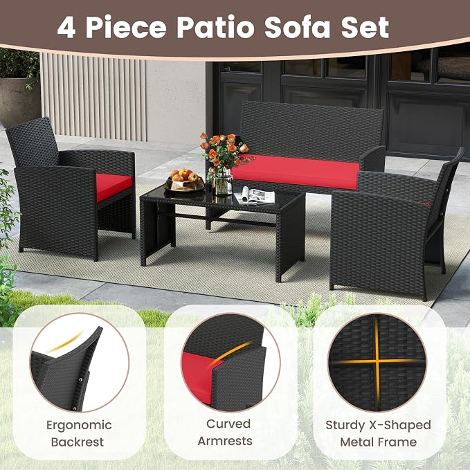 HAPPYGRILL 4 Piece Rattan Wicker Patio Conversation Set, Outdoor Furniture with Chair Loveseat Table & Cushion, for Backyard Porch Balcony (2, Black & Red)