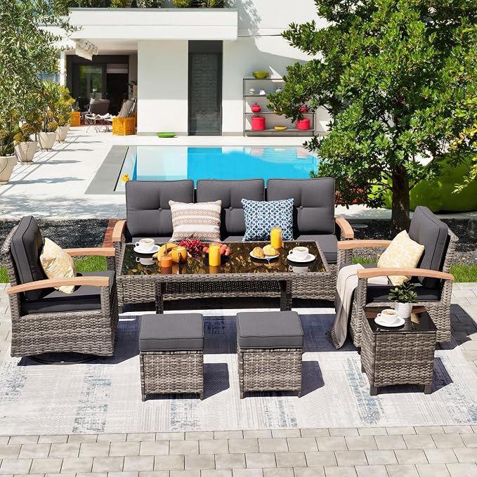 MEISSALIVVE 7 Pieces Patio Furniture Sets, PE Wicker Outdoor Conversation Sets with 2 Wood Armrests Swivel Rocker Chairs, 2 Ottomans, 3-seat Sofa and Dining Table (Grey)