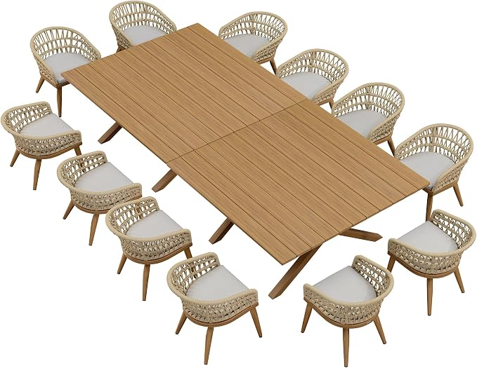 PURPLE LEAF 14 Pieces Outdoor Dining Set All-Weather PE Rattan Outdoor Patio Furniture Set with All Aluminum Frame Rectangular Table and Chairs Set for Lawn Garden Backyard Deck, Teak