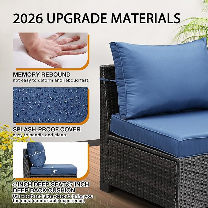 JOYURE 5 Pieces Patio Furniture Set All-Weather Outdoor Wicker Sectional Conversation Sofa Rattan Patio Seating Sofa with Cushion and Glass Table and Ottoman for Porch Poolside,Navy