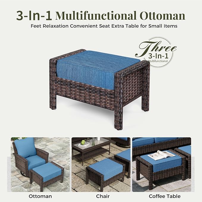 MIXPATIO 8-Piece Wicker Patio Furniture Set with Swivel Chairs, High Back Outdoor Furniture with 57'' Fire Pit Table, All-Weather Wicker Patio Conversation Set for Deck Yard Pool, Navy Blue