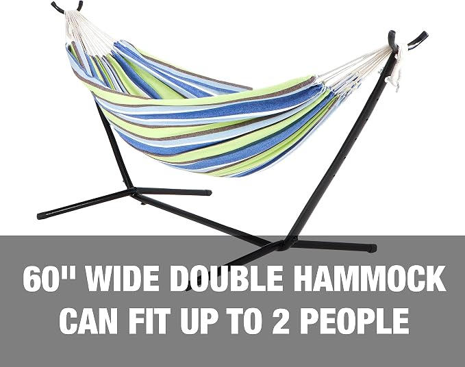 Bliss Hammocks 60" Wide Hammock & Built-in Stand w/Carrying Case & Hanging Hardware Indoor, Outdoor, Poolside, Patio, Backyard Heavy Duty, Strong & Durable 400 Lbs Capacity (BHST-401-GS)