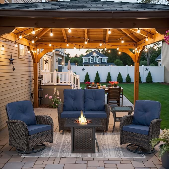 Belord 5 Pieces Patio Furniture Set with 30” Propane Fire Pit Table, Deep Seating Swivel Rocker Glider Outdoor Chairs Set of 4 with Side Table Set of 2 Patio Conversation Set Brown Wicker