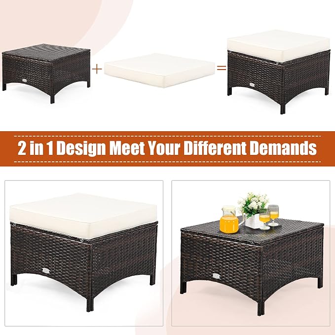 COSTWAY 5PCS Patio Wicker Rattan Furniture Set, Loveseat Sofa with Ottomans and Cushioned Chairs, Conversation Sets for Outdoor Garden Backyard
