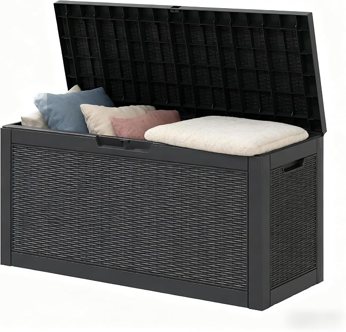 Outdoor Storage Box, 72 Gallon Resin Deck Boxes Outdoor Waterproof For Patio Furniture, Garden Tools, Pool Supplies, Lockable And UV Resistant (Rattan Black)