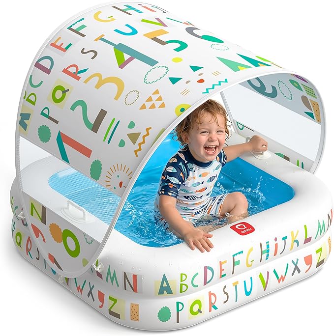 QPAU Baby Pool with Detachable Canopy for Sun Protection, 35" x 10" Portable Inflatable Kids Pool with Padded Bottom, Kiddie Pool & Ball Pit with Handles for Backyard and Indoor, Ages 1-3 (Blue)