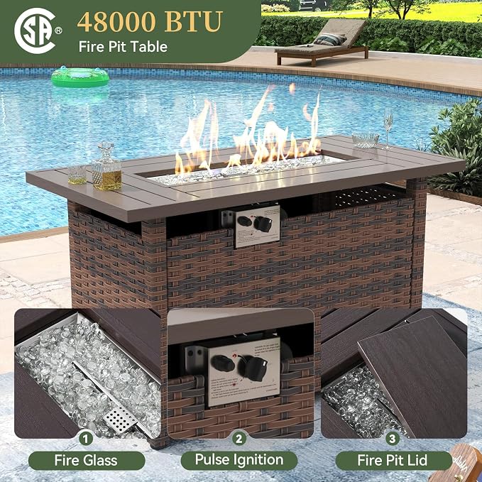 Aoxun 15 Piece Patio Furniture Set with 44” Fire Pit Table Wicker Rattan Outdoor Sectional Sofa Set with Coffee Table and Thickened Cushions, Beige