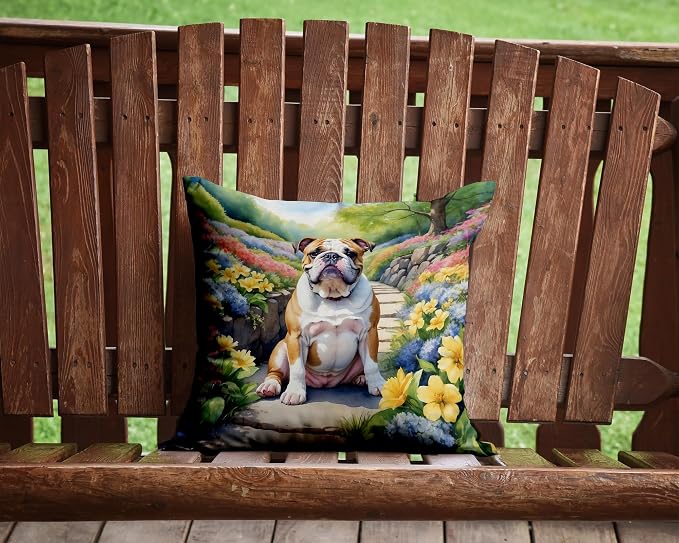 Caroline's Treasures English Bulldog Spring Path Throw Pillow Machine Washable, Indoor Outdoor Decorative Pillow for Couch, Bed or Patio, 14Hx14W