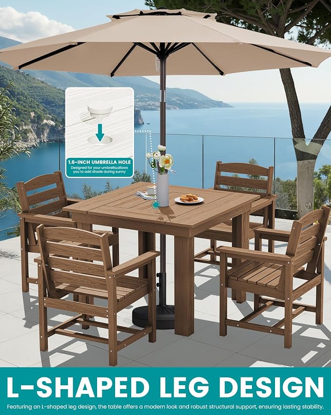 SERWALL Outdoor Dining Set for 4, HDPE Square Table and Chairs Set All Weather Patio Dining Set with 4 Classic Dining Chairs, 5-Piece Patio Dining Furniture for Deck, Brown