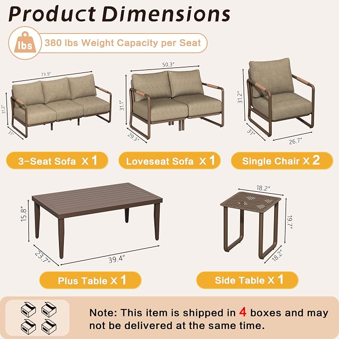 6-Piece All-Weather Aluminum Patio Conversation Set, Outdoor Sofa with Coffee Table & Thick Cushions, Modern Garden, Porch Seating for Backyard, Poolside, Brown