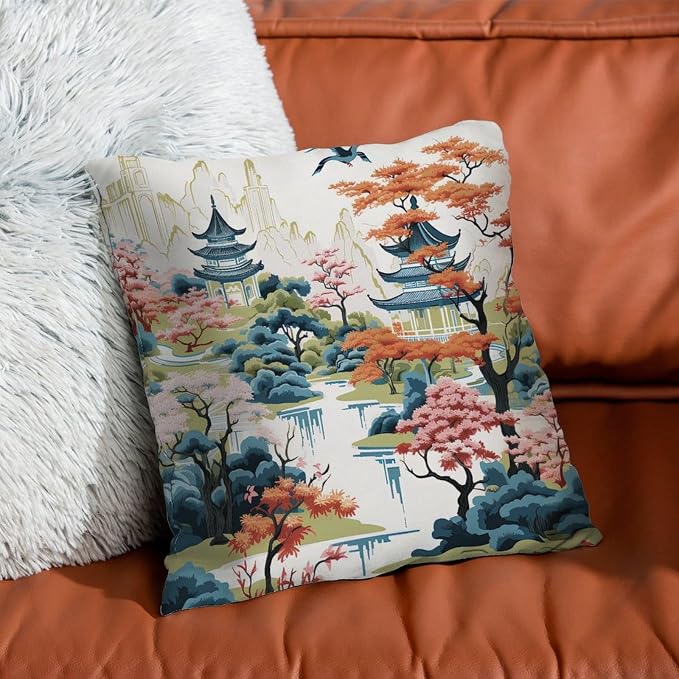 Chinoiserie Pagoda White Coral Blue Throw Pillow Covers Chinoiserie Chic Asian Throw Pillow Cover Classic Outdoor Garden Decoration for Patio Garden Sofa Chairs 20x20 in