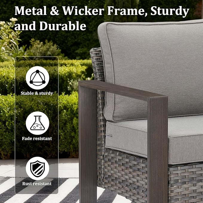 5-Piece Outdoor Patio Furniture Set with Swivel Chairs, All-Weather Wicker Sofa Set for Garden, Yard, Porch and Poolside Seating Grey/Grey