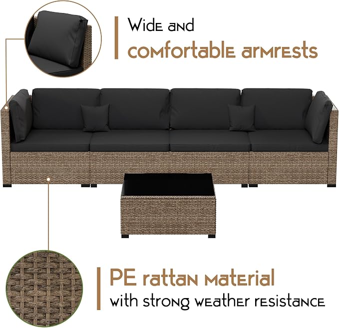 LHBcraft 7 Pieces Outdoor Furniture Set, Wicker Furniture Patio Conversation Sets with Tea Table and Thickened Black Cushions, Outdoor Patio Sectional Sofa for Garden, Poolside, Backyard
