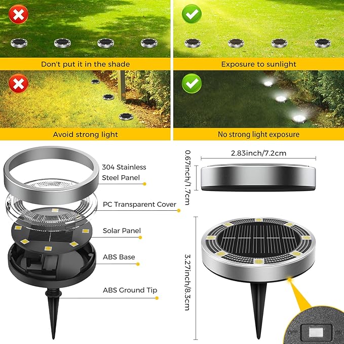 16 Pack Solar Ground Lights Outdoor, 8 LED Mini Flat Solar Disk Lights, IP65 Waterproof Anti-Rust Disc Light, Landscape Lighting for Garden Pathway Yard Walkway Driveway Lawn,Cool White