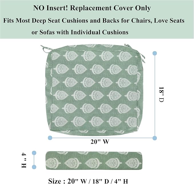 FUNHOME Outdoor Chair Cushion Covers 2 Pack, No Insert! Patio Cushion Covers Replacement 20" x 18" x 4", Water Resistant Chair Cushion Slipcovers, Fair Green (Covers ONLY)