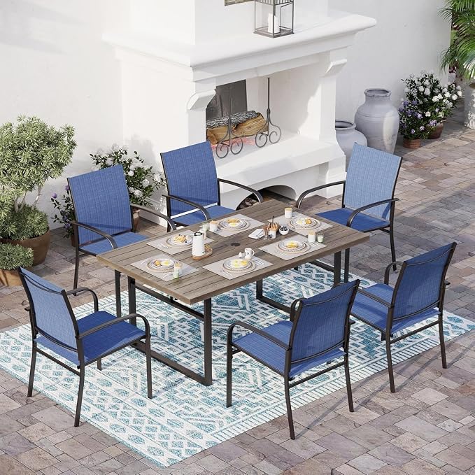 SUNSHINE VALLEY 7 Piece Patio Dining Set for 6, 64” Rectangular Wood-Like Steel Dining Table with Umbrella Hole, 6 x Blue Chairs, Outdoor Table and Chairs Set for Lawn Backyard and Deck