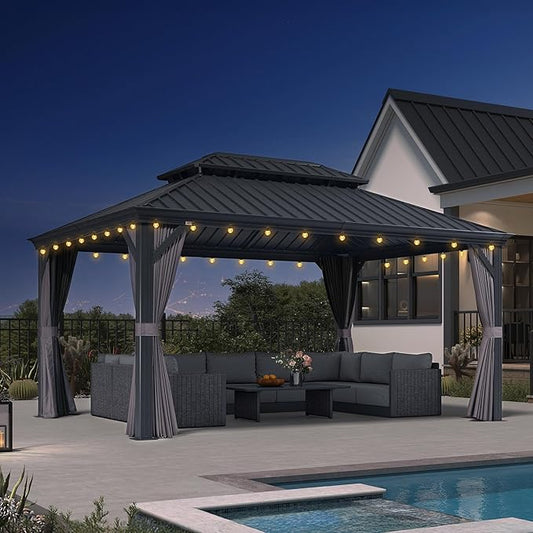 PURPLE LEAF 11' X 15' Hardtop Gazebo with Light Aluminum Gazebo with Galvanized Steel Double Roof for Patio Lawn and Garden Curtains and Netting Included Grey