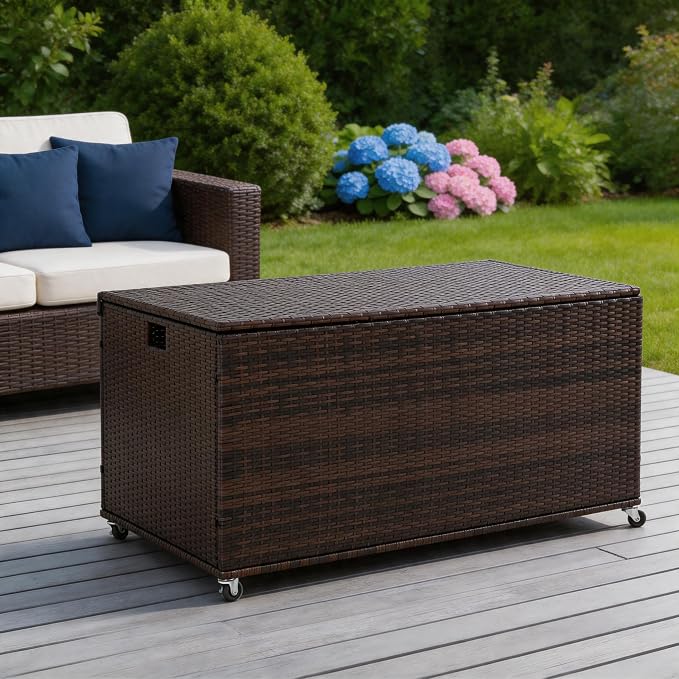 Outdoor 170 Gallon Water-Resistant Wicker Storage Box with Wheels, PE Rattan Deck Box with Waterproof Liner for Outside, Patio Storage Container with Hinged Lid, Horizontal Bin, Brown