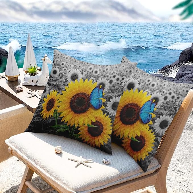 Throw Pillow Covers, Sunflower Butterfly, Set of 2, 18 x 18 Inch | Farmhouse Yellow Blue Outdoor Waterproof Square Cushion Case Garden Decorative for Couch Beach Patio
