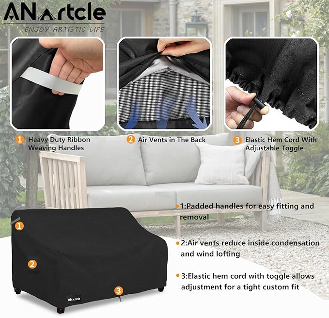 ANartcle 3-Seater Patio Sofa Cover,85W x 37D x 35H Inches Outdoor Couch Cover,100% Waterproof Heavy Duty Patio Sofa Covers,Patio Furniture Covers,Black