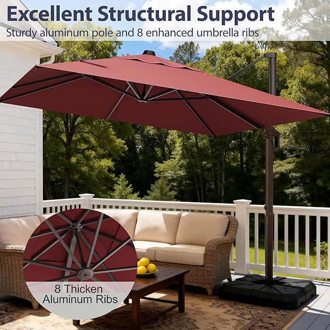 9' X 12' Cantilever Patio Umbrella Rectangle Outdoor Umbrella with Base Included, 6-Level Tilt & 360° Rotation Offset Umbrella for Garden, Deck, Pool (Red)