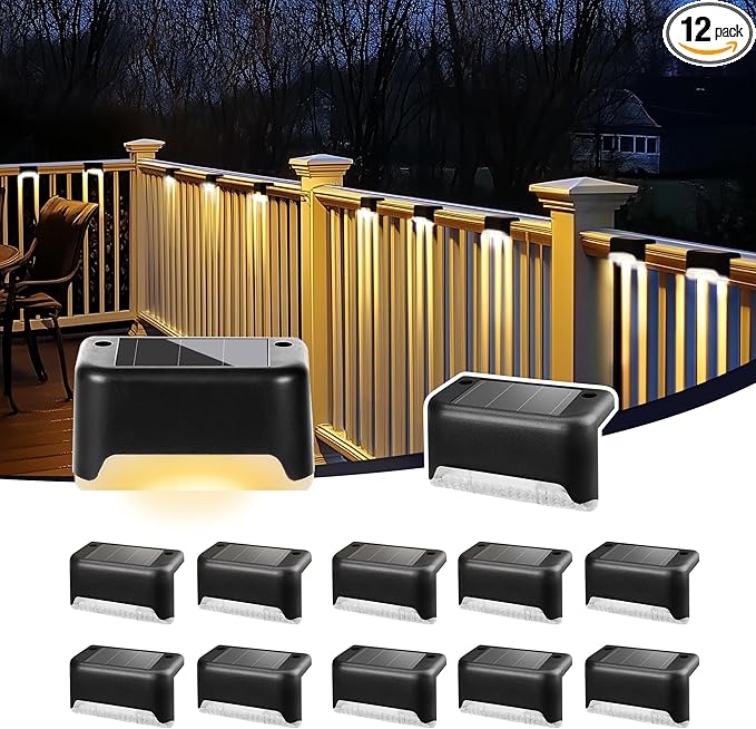 PATIOWIN Solar Deck Lights Outdoor, Solar Step Lights Waterproof Led Lights for Outdoor Stairs, Step, Fence, Patio,Yard,Porch and Balcony(12 Pack,Warm White)